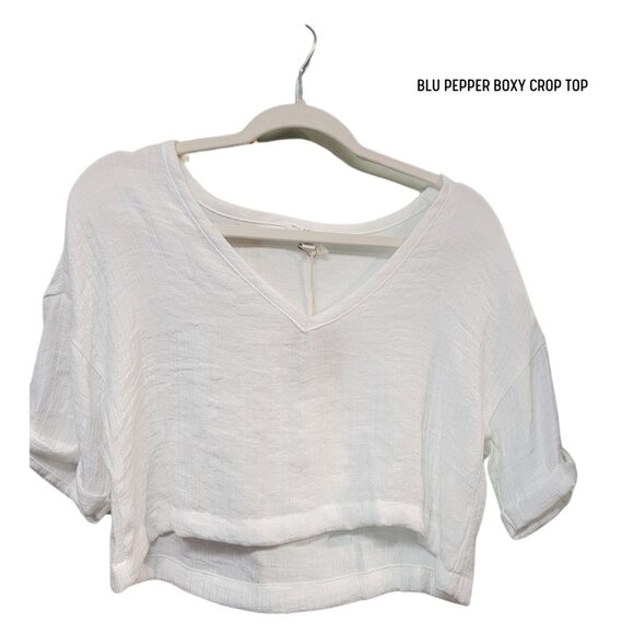 Blu Pepper White Crop Top Sheer Boxy Style - Picture 1 of 5